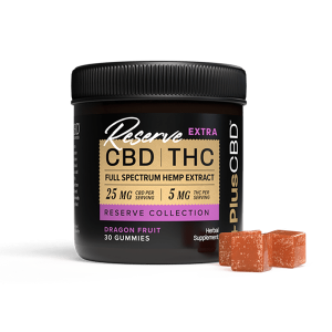 PlusCBD, Reserve Extra 5mg THC + 25mg CBD Gummies, Dragon Fruit, Full Spectrum, 30ct, 150mg THC + 750mg CBD